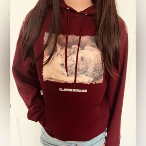 Custom-made wolf maroon hoodie from Yellowstone National Park